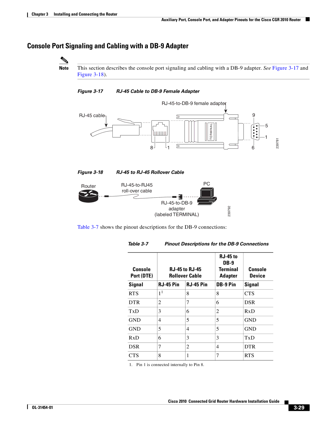 Cisco Systems OL-31454-01 manual Console Port Signaling and Cabling with a DB-9 Adapter, Console RJ-45 to RJ-45, Device 