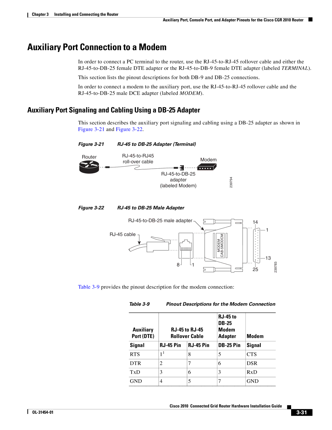 Cisco Systems OL-31454-01 Auxiliary Port Connection to a Modem, Auxiliary Port Signaling and Cabling Using a DB-25 Adapter 