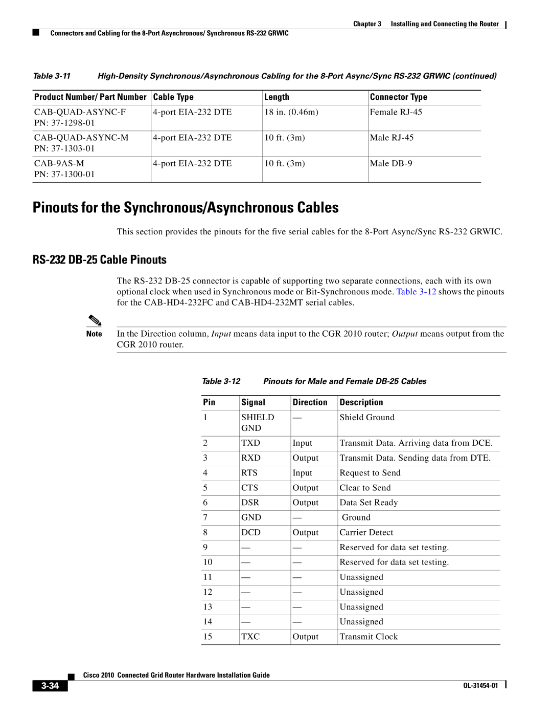 Cisco Systems OL-31454-01 manual Pinouts for the Synchronous/Asynchronous Cables, RS-232 DB-25 Cable Pinouts 