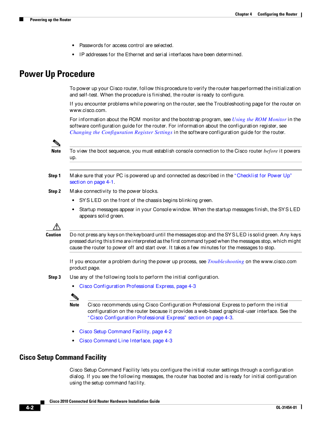 Cisco Systems OL-31454-01 manual Power Up Procedure, Cisco Setup Command Facility 