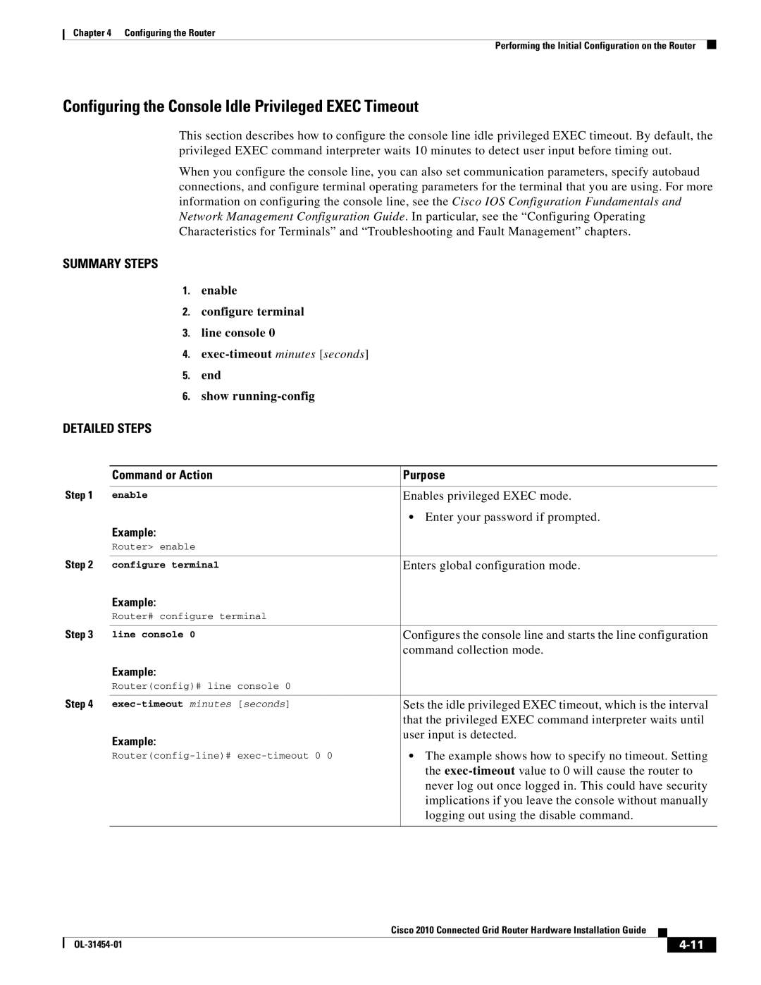 Cisco Systems OL-31454-01 manual Configuring the Console Idle Privileged Exec Timeout 