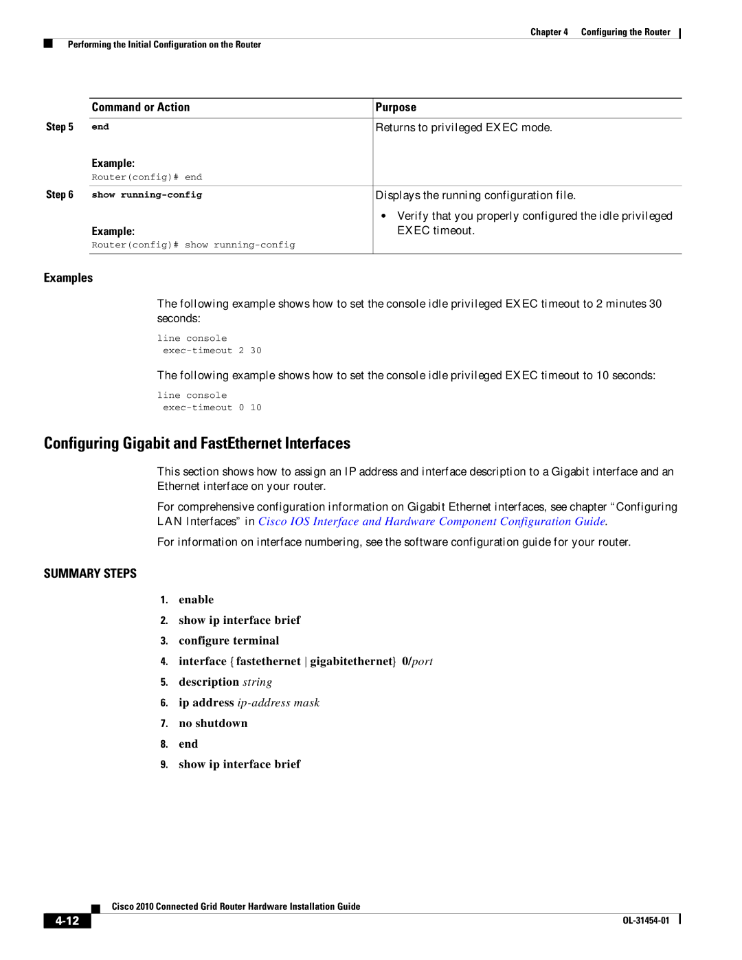 Cisco Systems OL-31454-01 manual Configuring Gigabit and FastEthernet Interfaces, Examples, Exec timeout 