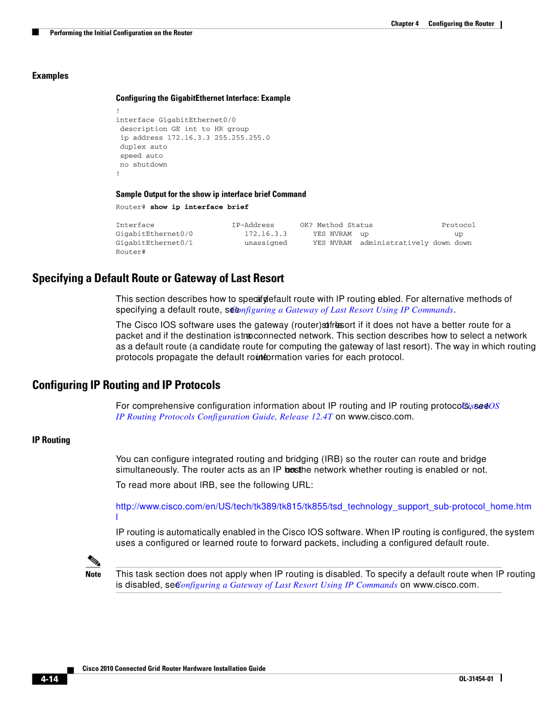 Cisco Systems OL-31454-01 Specifying a Default Route or Gateway of Last Resort, Configuring IP Routing and IP Protocols 