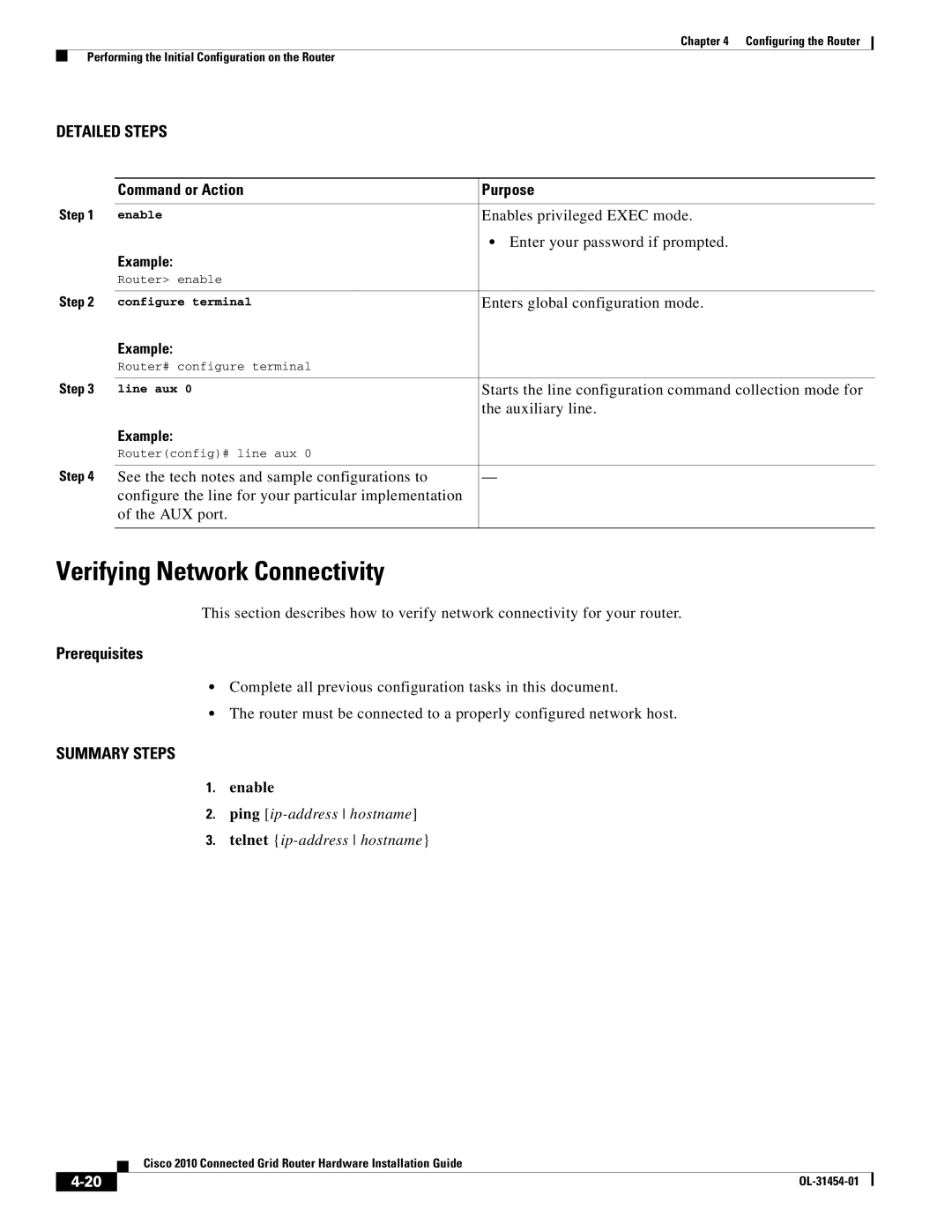 Cisco Systems OL-31454-01 manual Verifying Network Connectivity, Prerequisites, Auxiliary line 