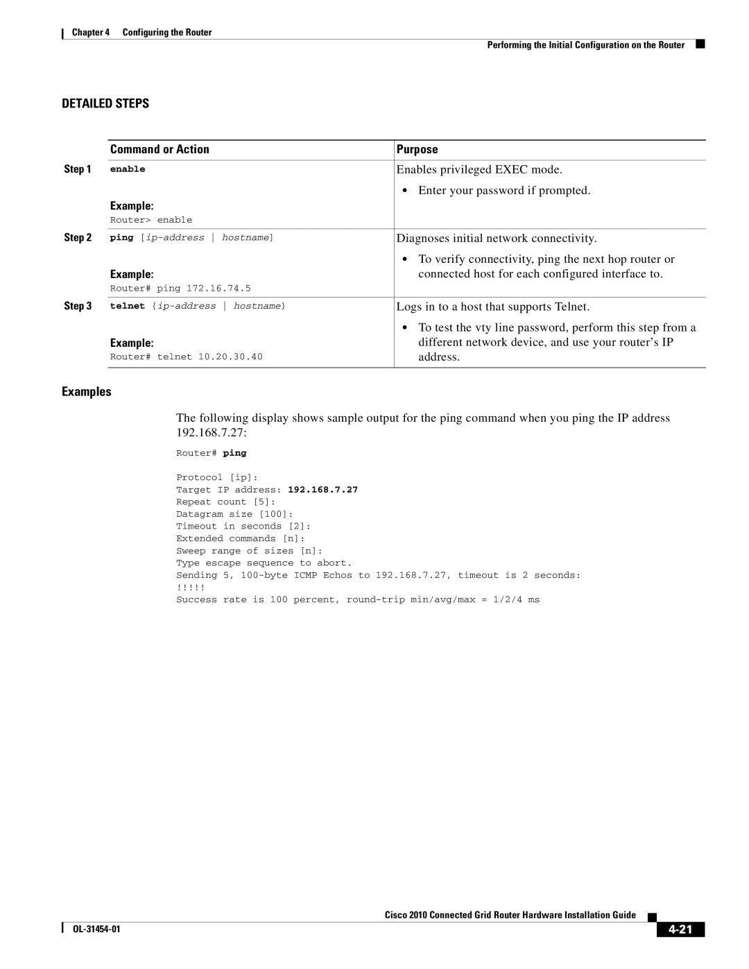 Cisco Systems OL-31454-01 Diagnoses initial network connectivity, To verify connectivity, ping the next hop router or 