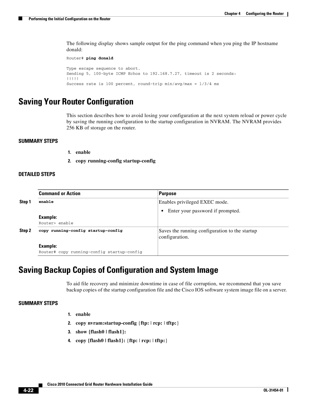 Cisco Systems OL-31454-01 manual Saving Your Router Configuration, Saving Backup Copies of Configuration and System Image 