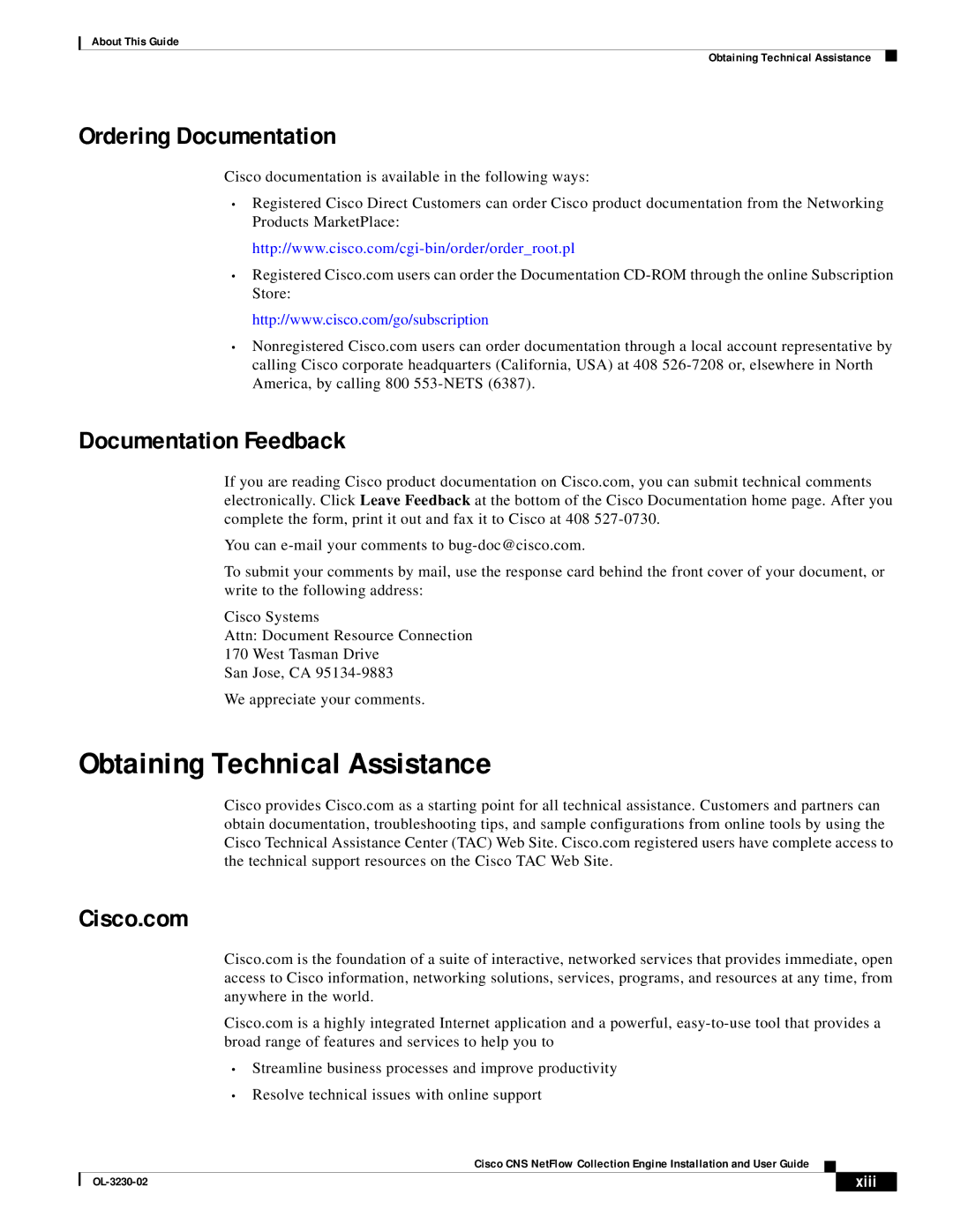 Cisco Systems OL-3230-02 manual Obtaining Technical Assistance, Ordering Documentation, Documentation Feedback, Cisco.com 