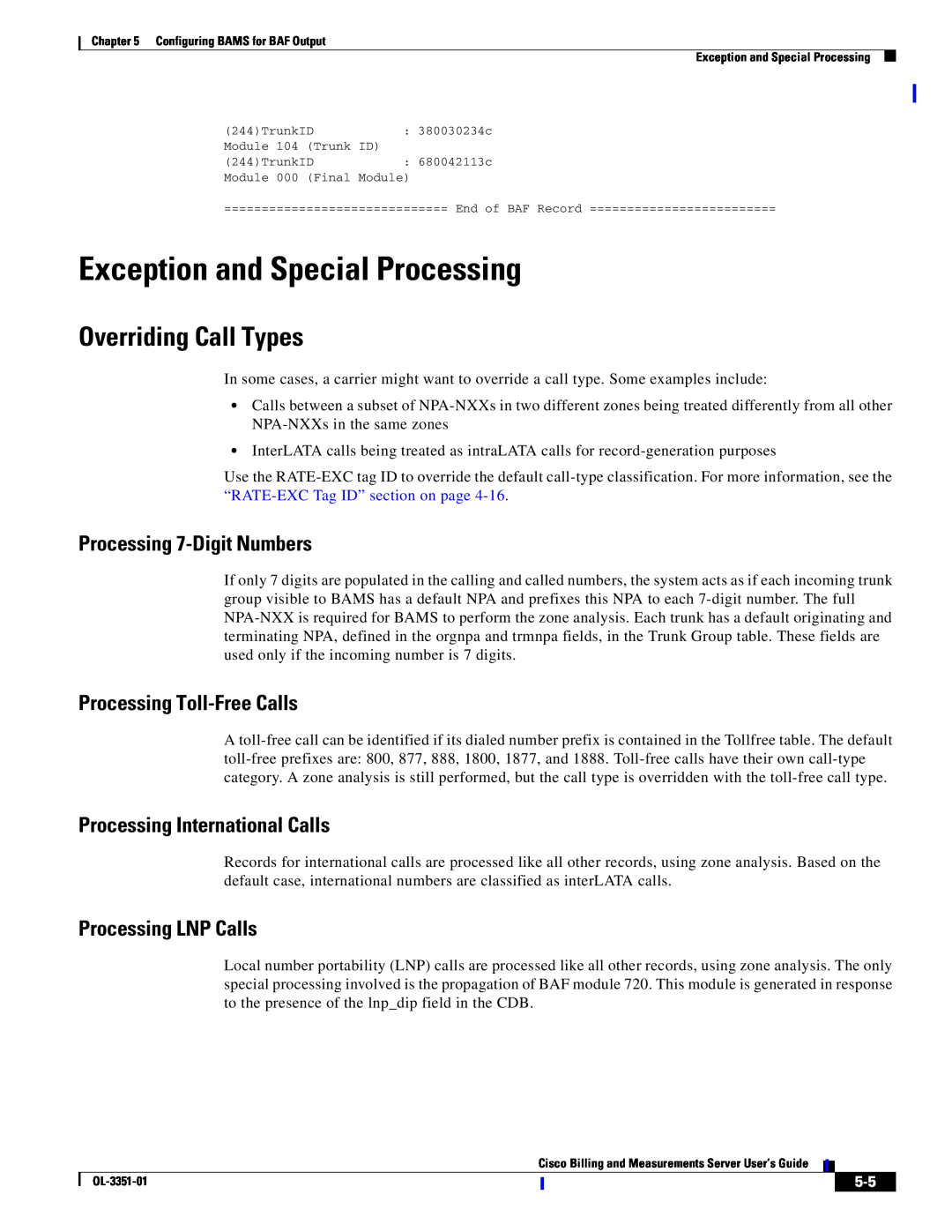 Cisco Systems OL-3351-01 manual Exception and Special Processing, Overriding Call Types, Processing 7-Digit Numbers 