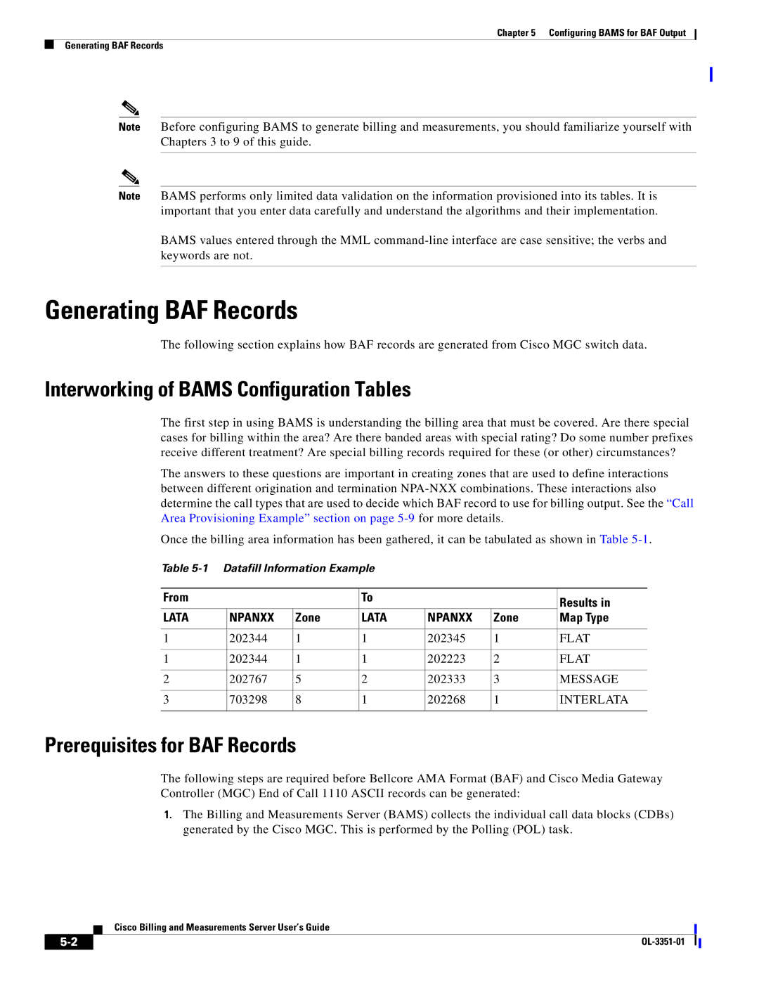 Cisco Systems OL-3351-01 Generating BAF Records, Interworking of Bams Configuration Tables, Prerequisites for BAF Records 