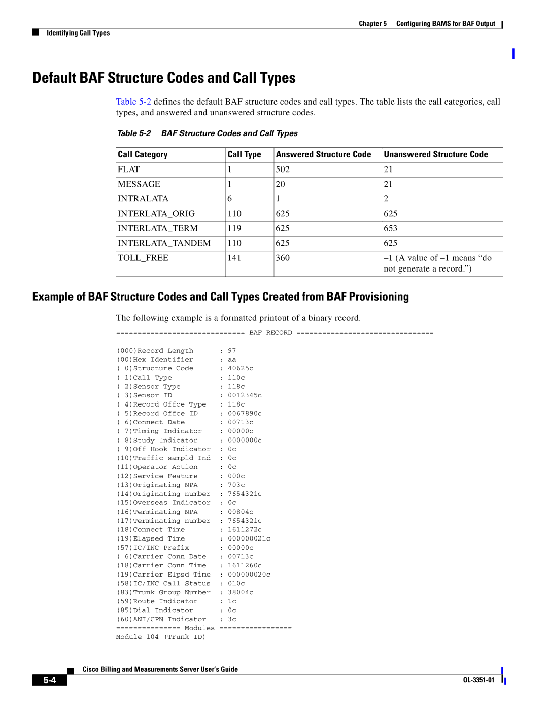 Cisco Systems OL-3351-01 manual Default BAF Structure Codes and Call Types, Call Category Call Type 