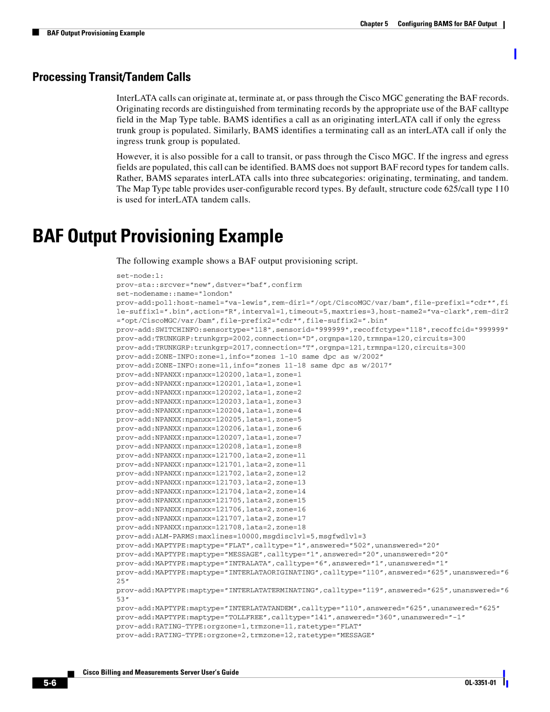 Cisco Systems OL-3351-01 manual BAF Output Provisioning Example, Processing Transit/Tandem Calls 