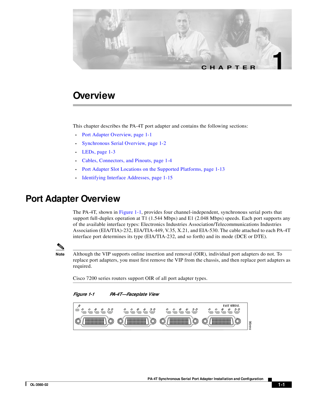Cisco Systems OL-3560-02 manual Port Adapter Overview, page Synchronous Serial Overview, page, C H A P T E R 