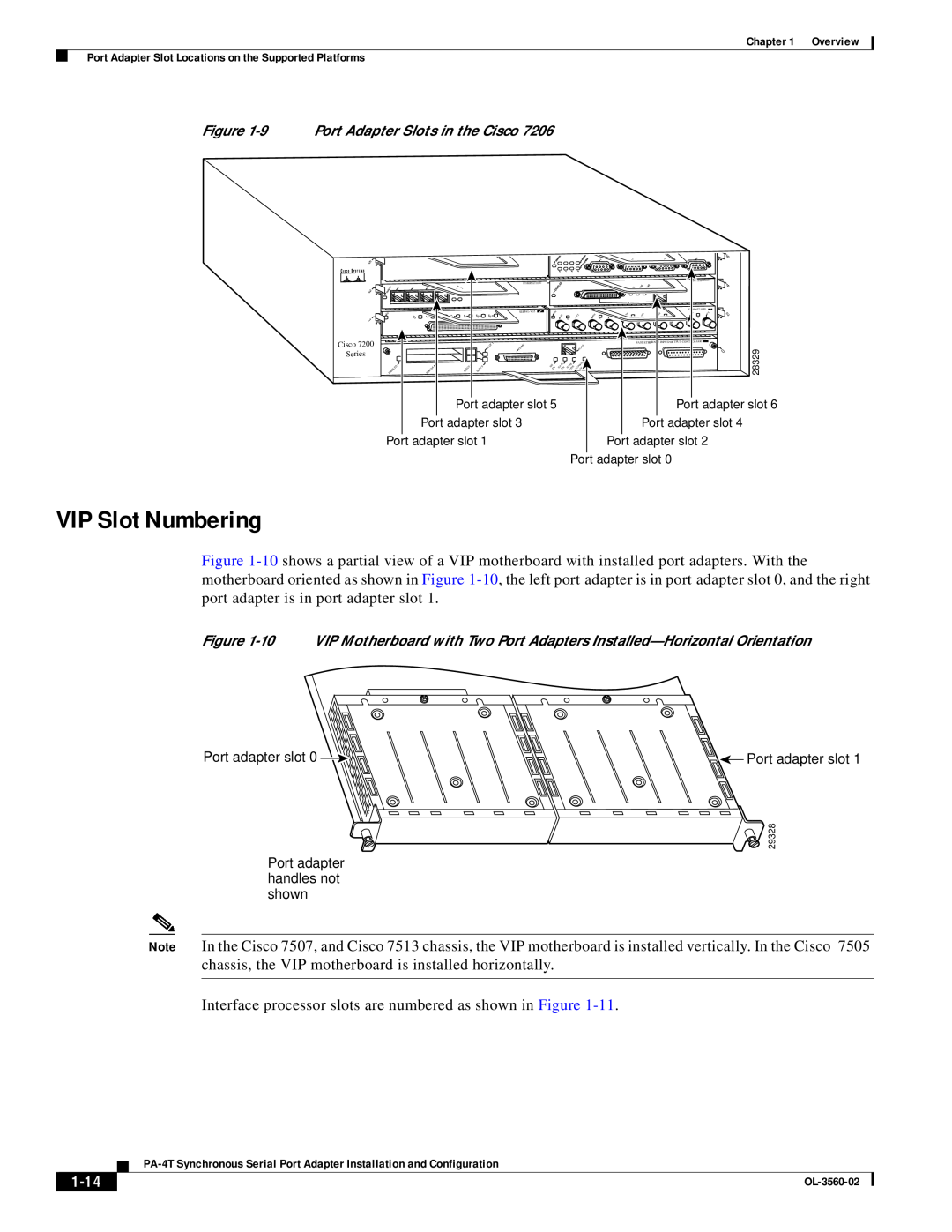 Cisco Systems OL-3560-02 VIP Slot Numbering, 1-14, Port adapter slot, handles not, shown, 28329, ETHERNET 10BT SERIAL-V.35 