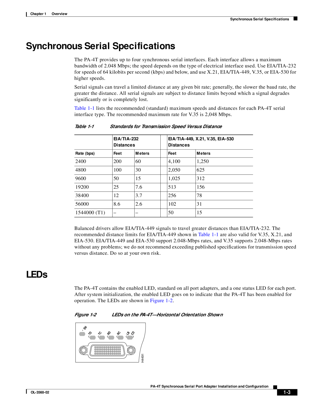Cisco Systems OL-3560-02 Synchronous Serial Specifications, LEDs, EIA/TIA-232, EIA/TIA-449, X.21, V.35, EIA-530, Distances 