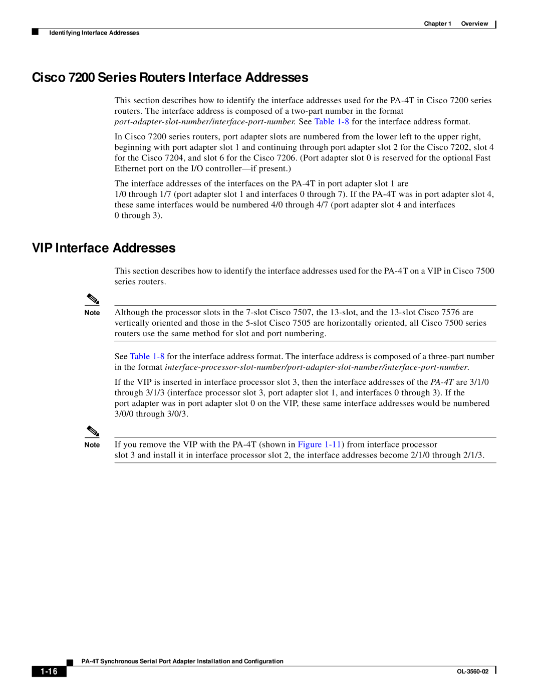 Cisco Systems OL-3560-02 manual Cisco 7200 Series Routers Interface Addresses, VIP Interface Addresses 