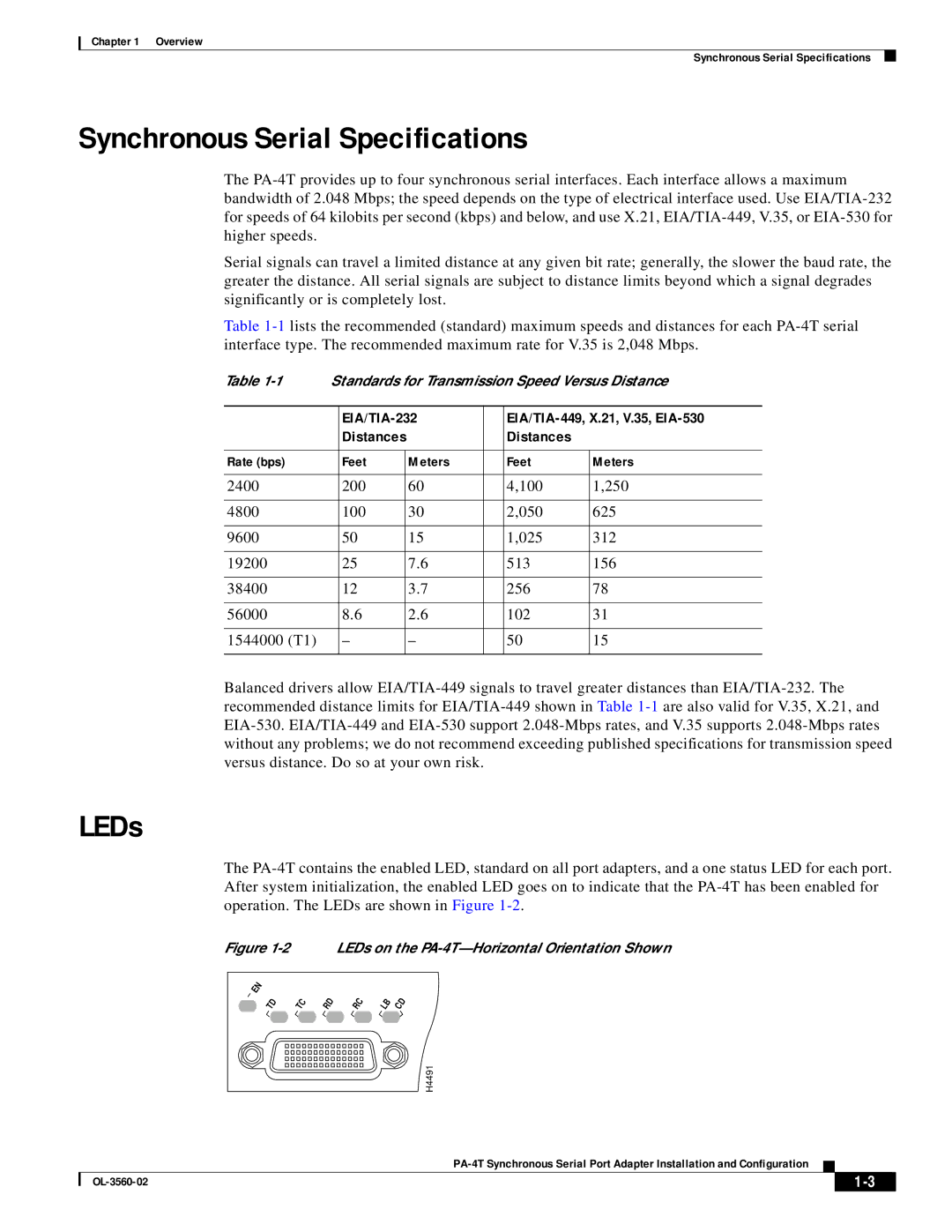 Cisco Systems OL-3560-02 Synchronous Serial Specifications, LEDs, EIA/TIA-232 EIA/TIA-449, X.21, V.35, EIA-530, Distances 