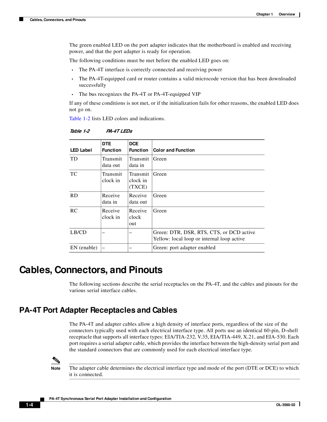 Cisco Systems OL-3560-02 manual Cables, Connectors, and Pinouts, PA-4T Port Adapter Receptacles and Cables 