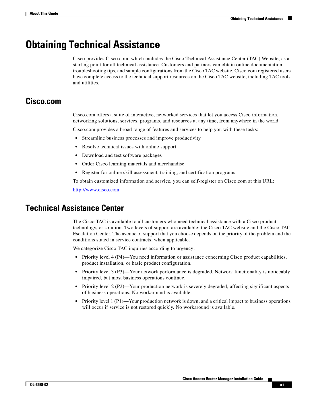 Cisco Systems OL-3598-02 manual Obtaining Technical Assistance, Technical Assistance Center, Cisco.com 