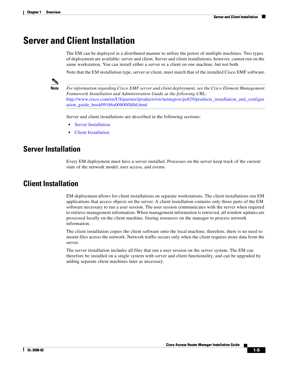 Cisco Systems OL-3598-02 manual Server and Client Installation, Server Installation Client Installation 