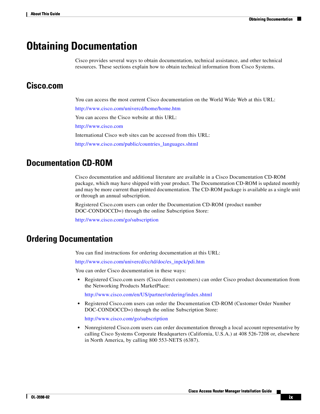 Cisco Systems OL-3598-02 manual Obtaining Documentation, Cisco.com, Documentation CD-ROM, Ordering Documentation 