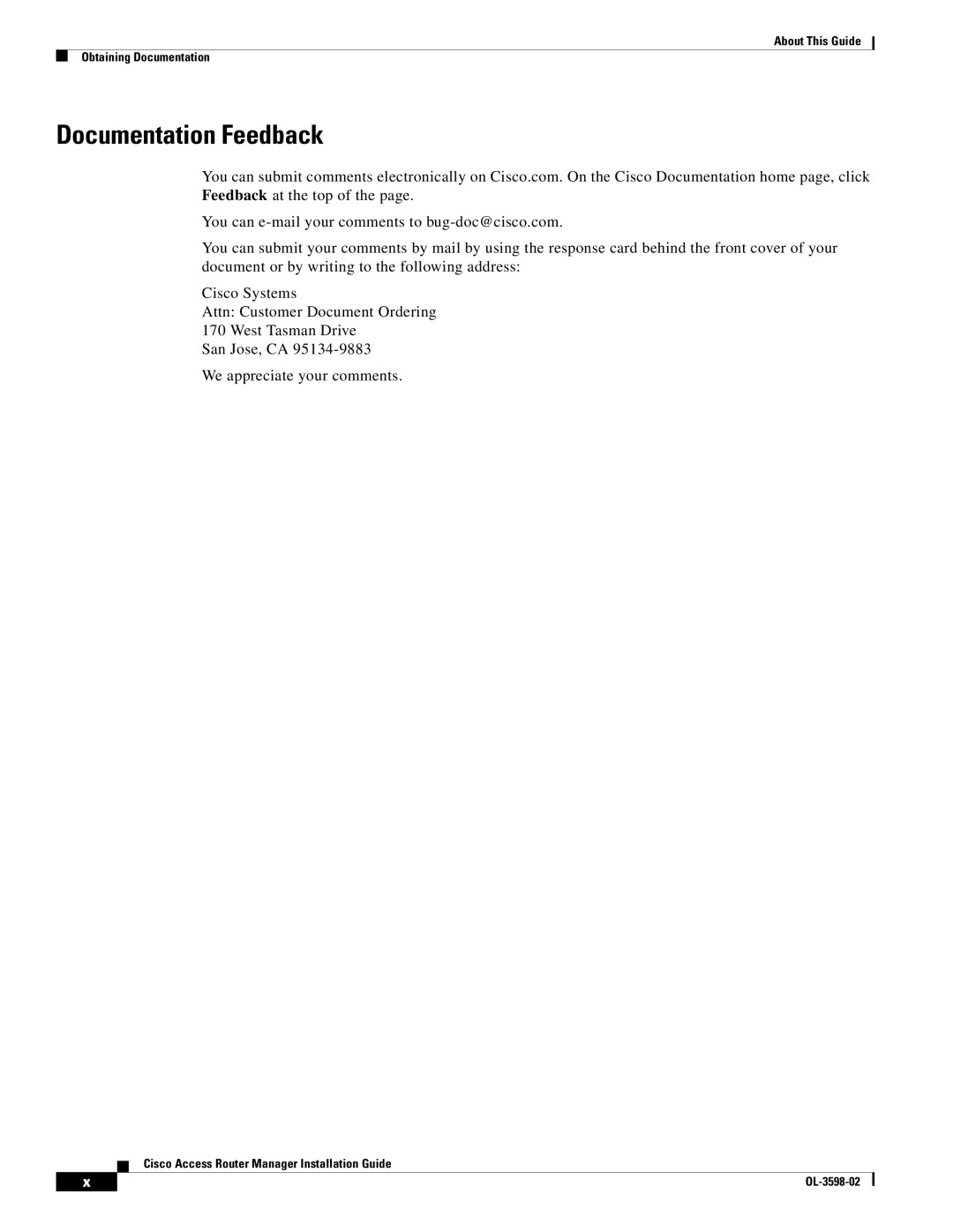 Cisco Systems OL-3598-02 manual Documentation Feedback 