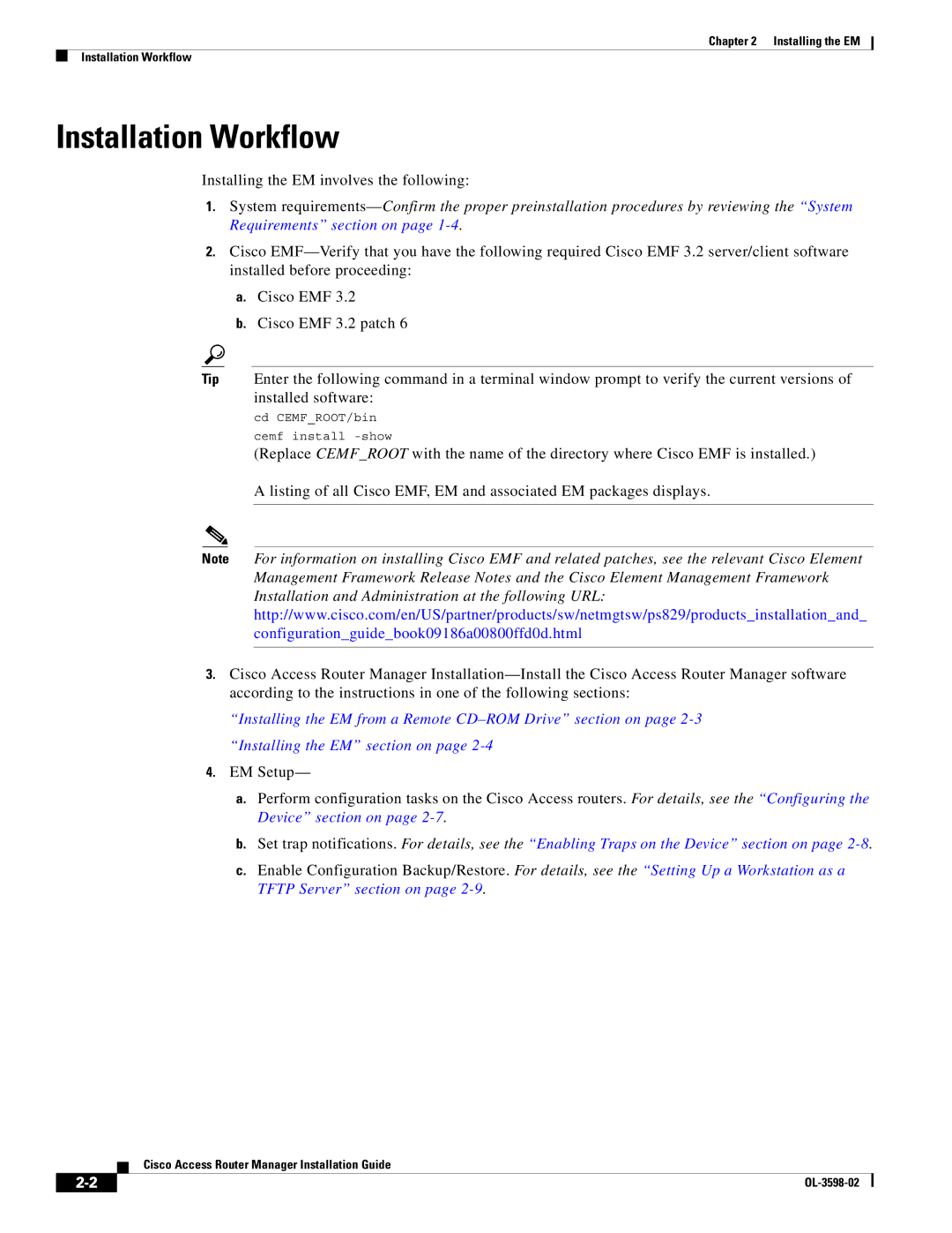 Cisco Systems OL-3598-02 manual Installation Workflow, Installing the EM involves the following 