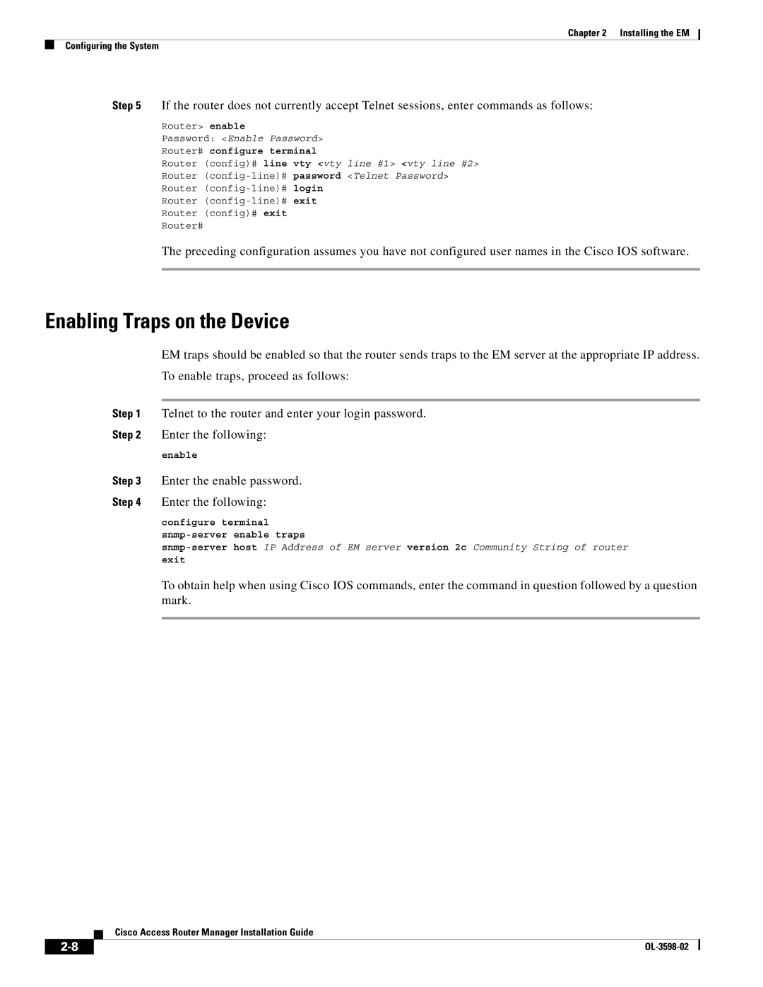 Cisco Systems OL-3598-02 manual Enabling Traps on the Device, Enter the enable password Enter the following 