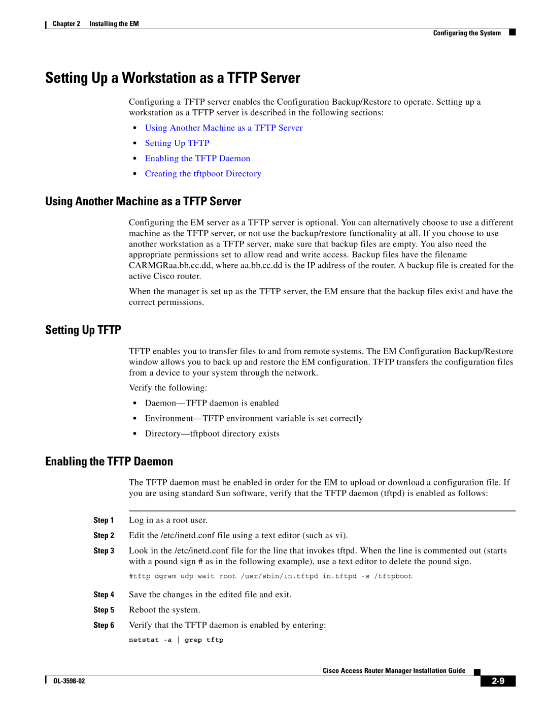 Cisco Systems OL-3598-02 manual Setting Up a Workstation as a Tftp Server, Save the changes in the edited file and exit 