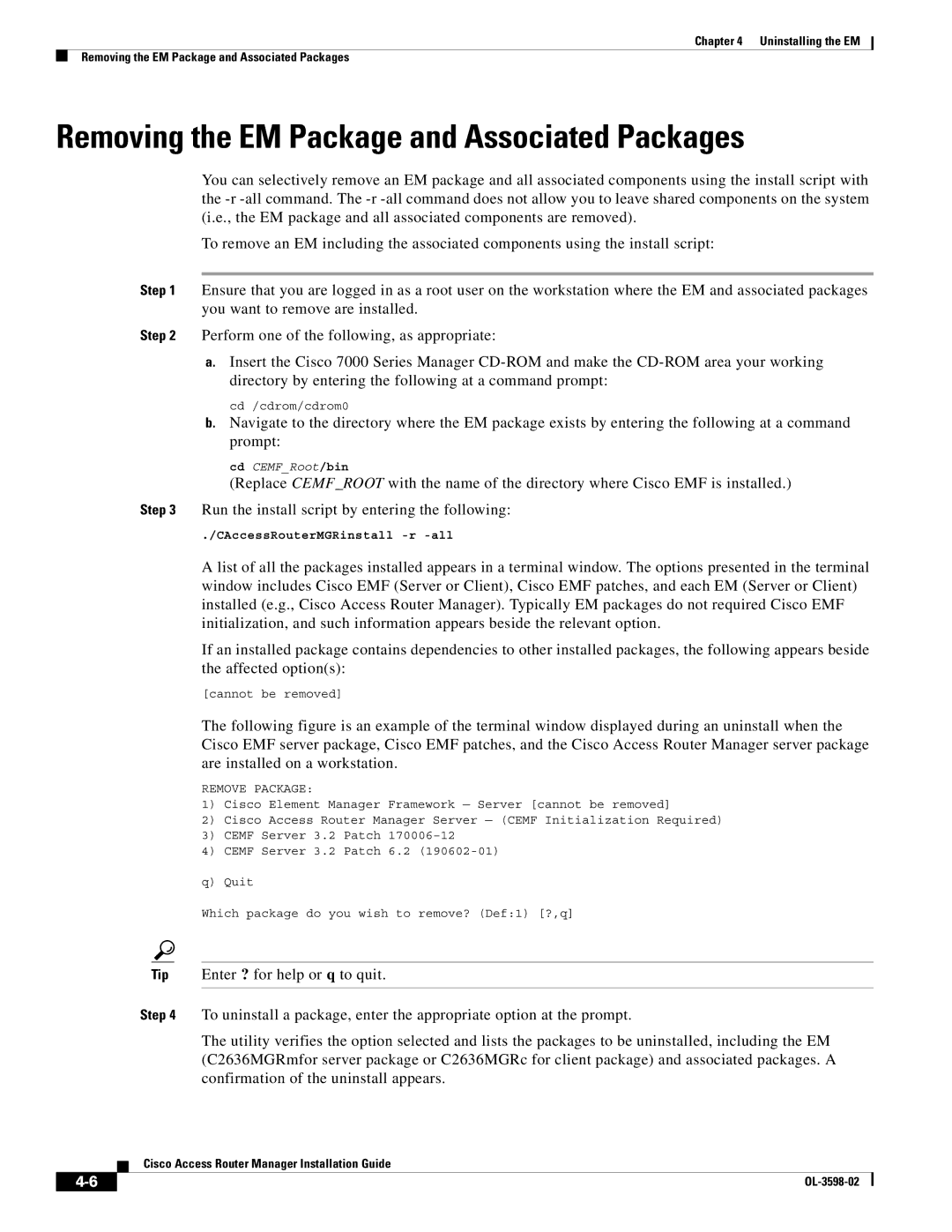 Cisco Systems OL-3598-02 manual Removing the EM Package and Associated Packages 