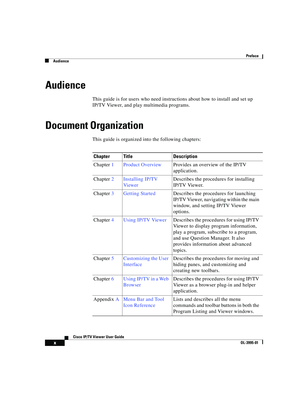 Cisco Systems OL-3995-01 manual Audience, Document Organization, Chapter Title Description 