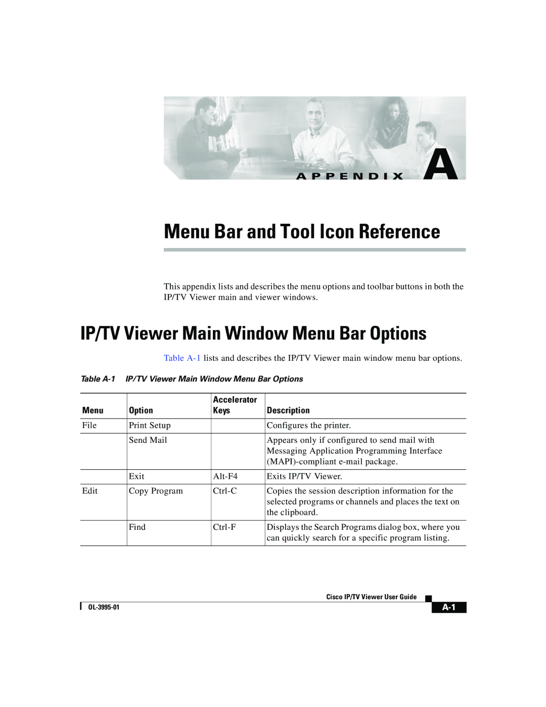 Cisco Systems OL-3995-01 manual IP/TV Viewer Main Window Menu Bar Options, Accelerator Menu Option Keys Description 