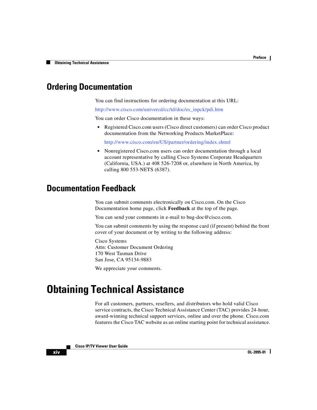 Cisco Systems OL-3995-01 manual Obtaining Technical Assistance, Ordering Documentation, Documentation Feedback 