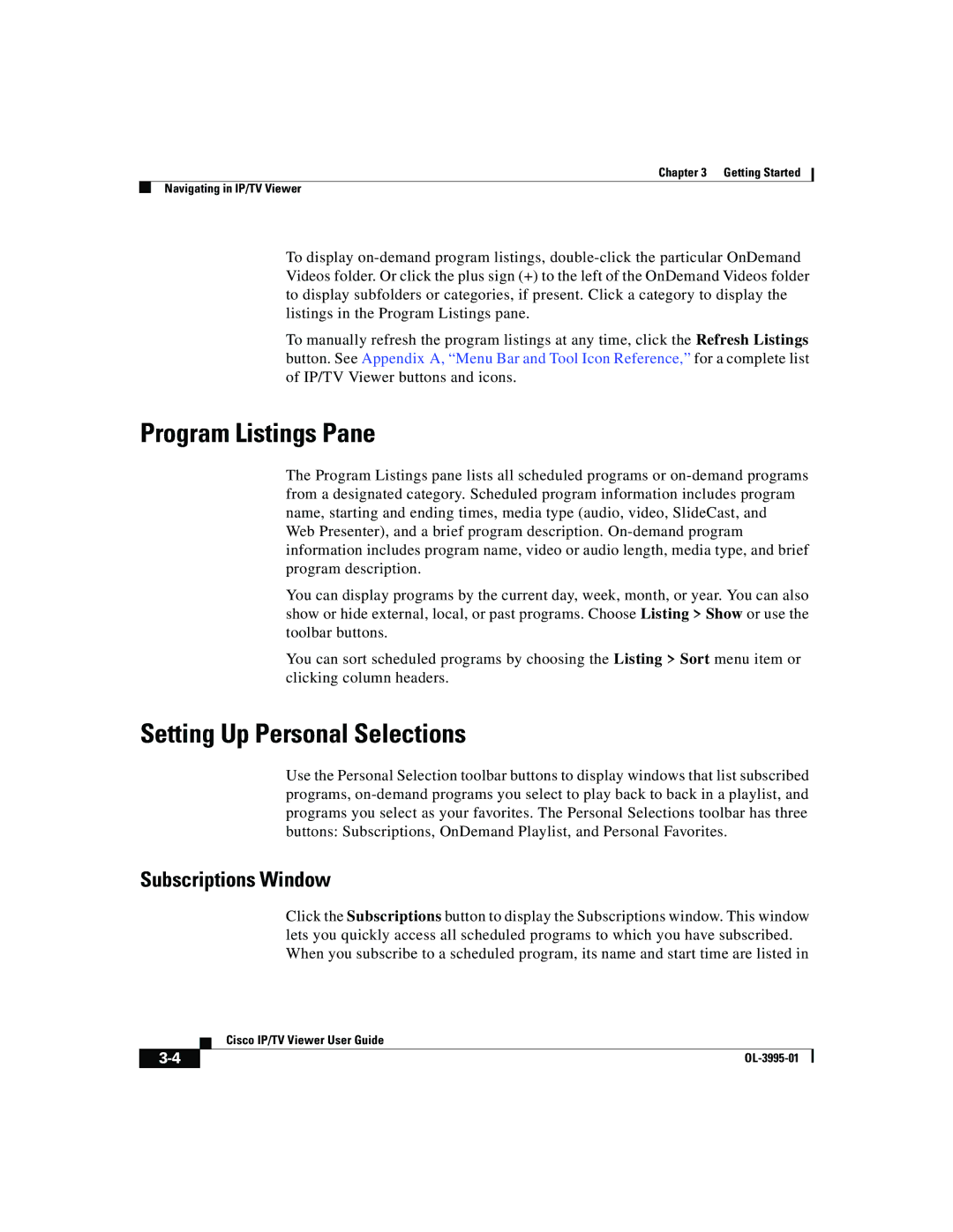 Cisco Systems OL-3995-01 manual Program Listings Pane, Setting Up Personal Selections, Subscriptions Window 