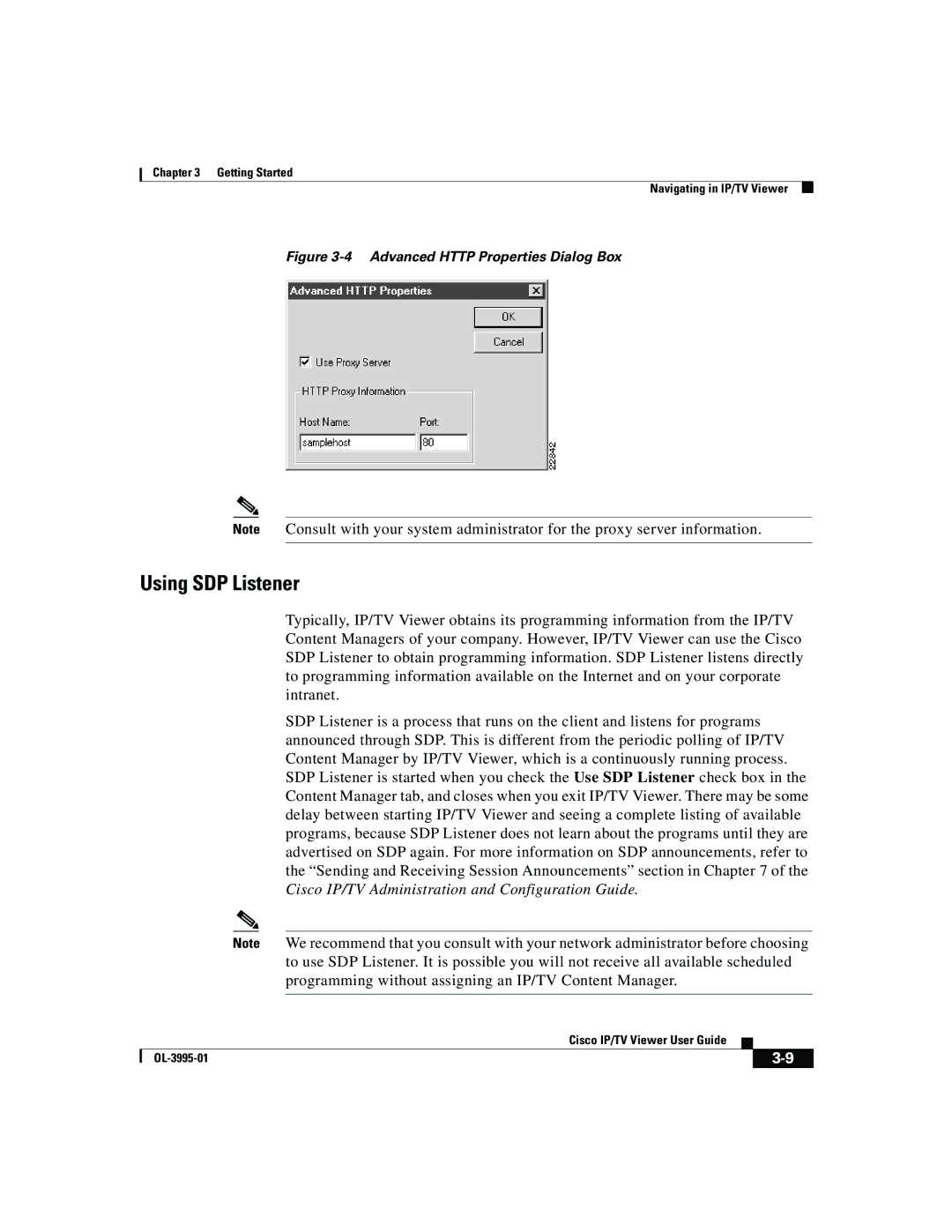 Cisco Systems OL-3995-01 manual Using SDP Listener, Advanced Http Properties Dialog Box 