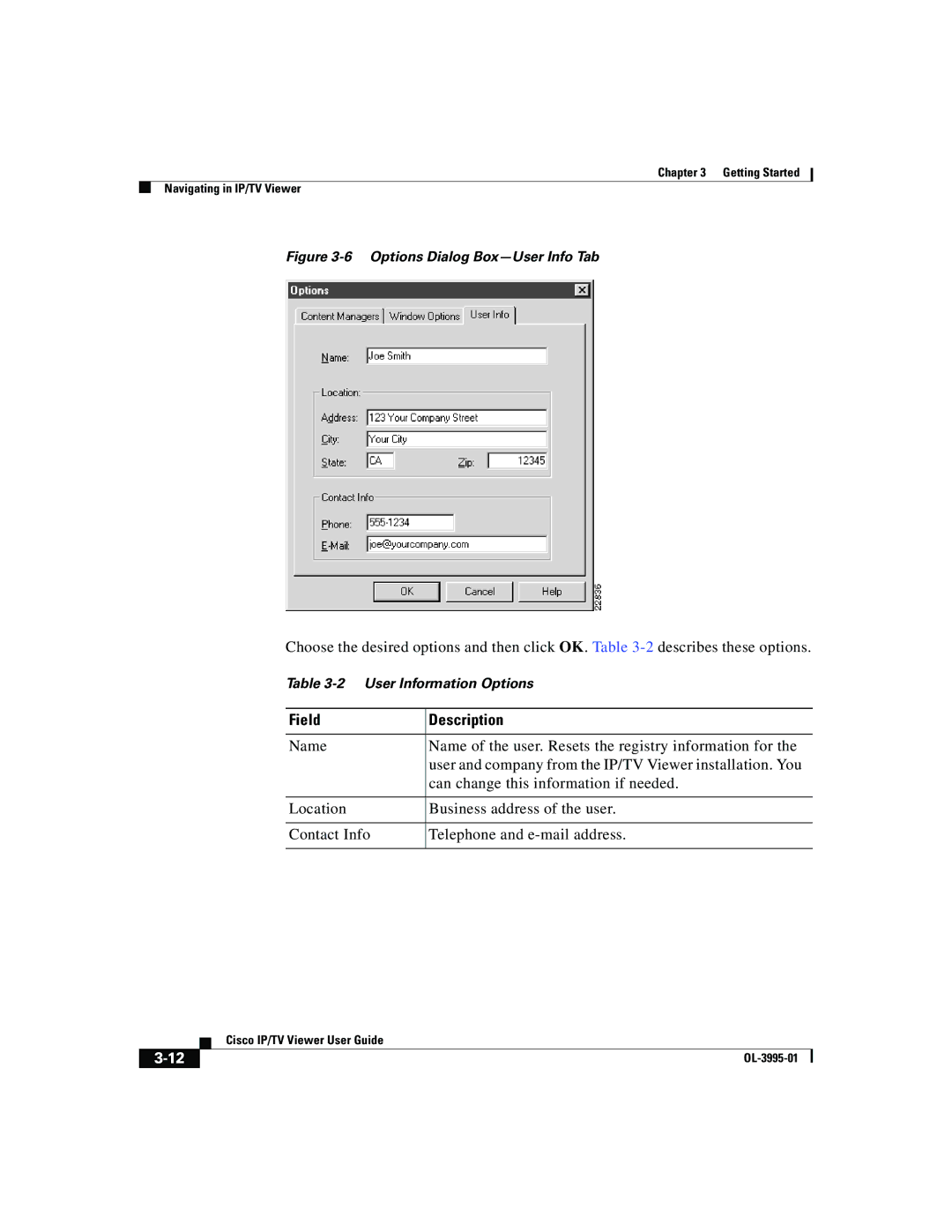 Cisco Systems OL-3995-01 manual Field Description, Options Dialog Box-User Info Tab 