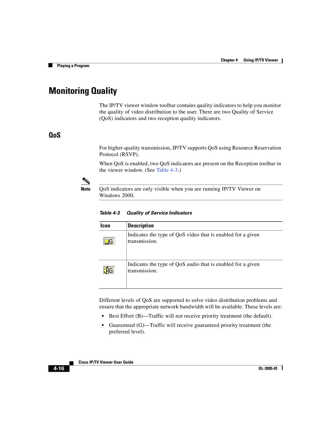 Cisco Systems OL-3995-01 manual Monitoring Quality, QoS, Icon Description 