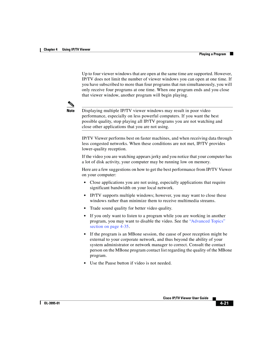 Cisco Systems OL-3995-01 manual Using IP/TV Viewer Playing a Program 