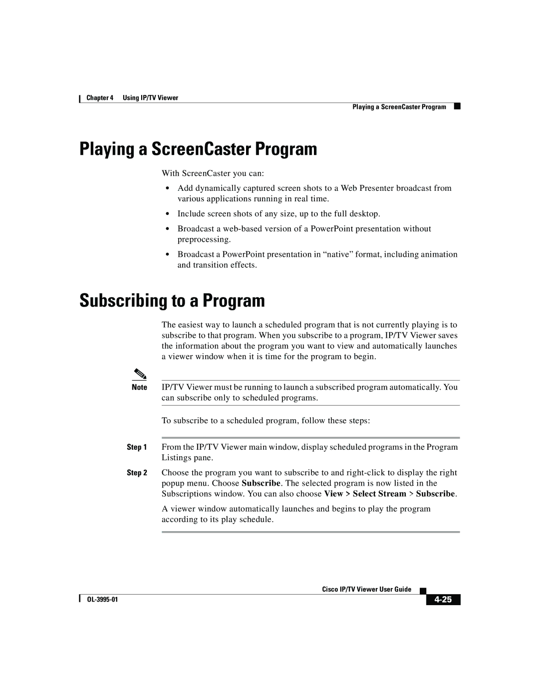 Cisco Systems OL-3995-01 manual Playing a ScreenCaster Program, Subscribing to a Program 