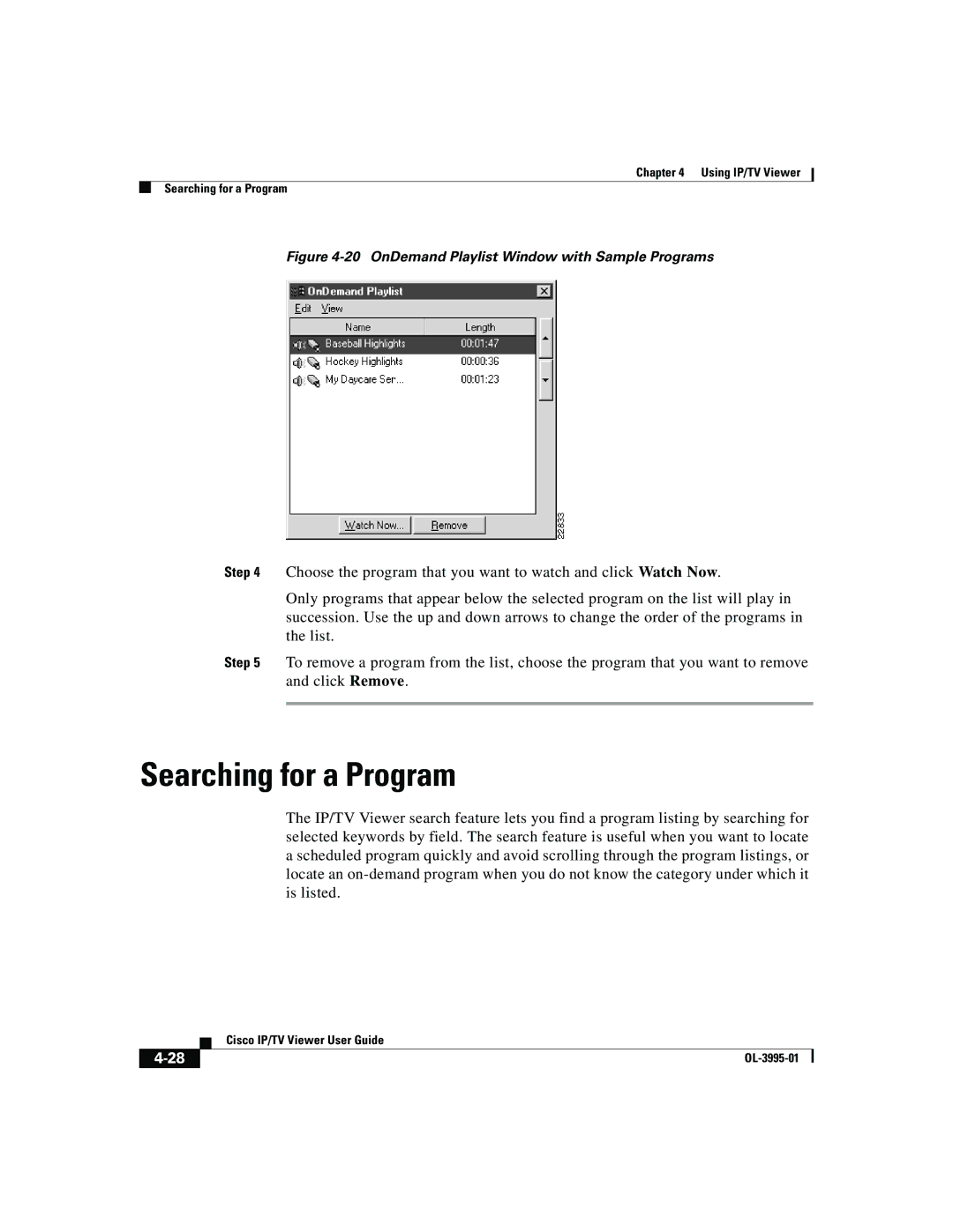 Cisco Systems OL-3995-01 manual Searching for a Program, OnDemand Playlist Window with Sample Programs 