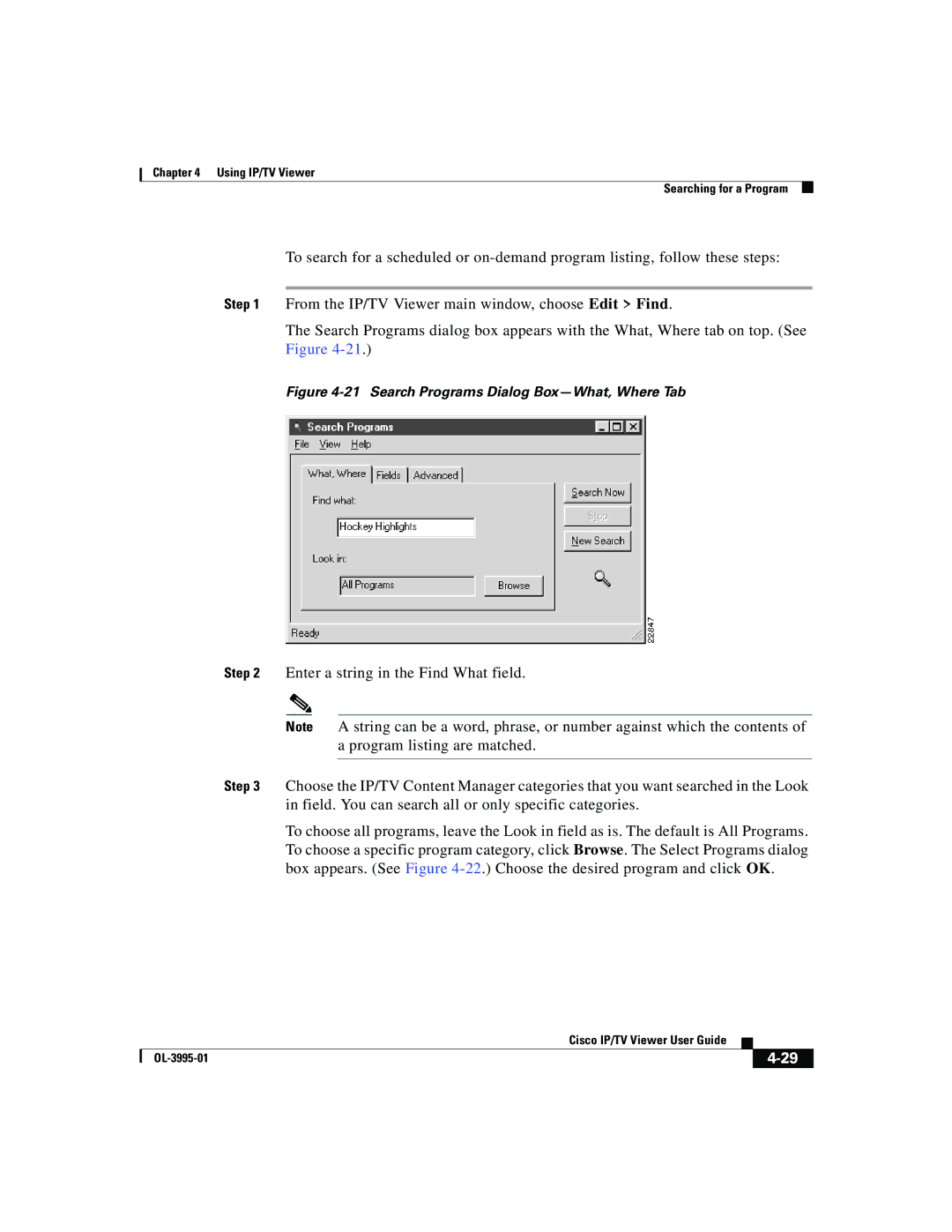 Cisco Systems OL-3995-01 manual Search Programs Dialog Box-What, Where Tab 