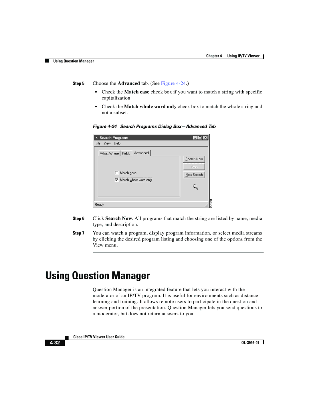 Cisco Systems OL-3995-01 manual Using Question Manager, Search Programs Dialog Box-Advanced Tab 