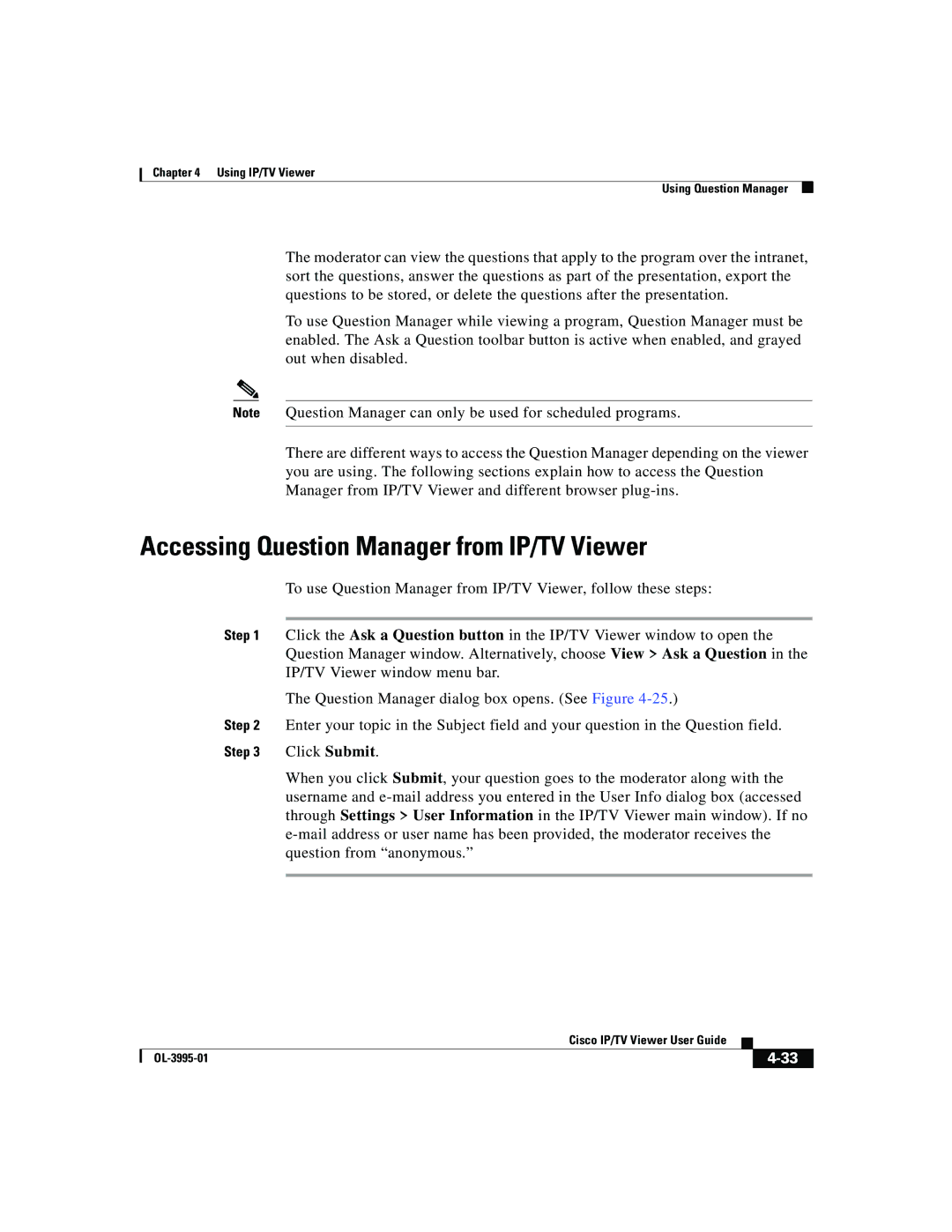 Cisco Systems OL-3995-01 manual Accessing Question Manager from IP/TV Viewer 