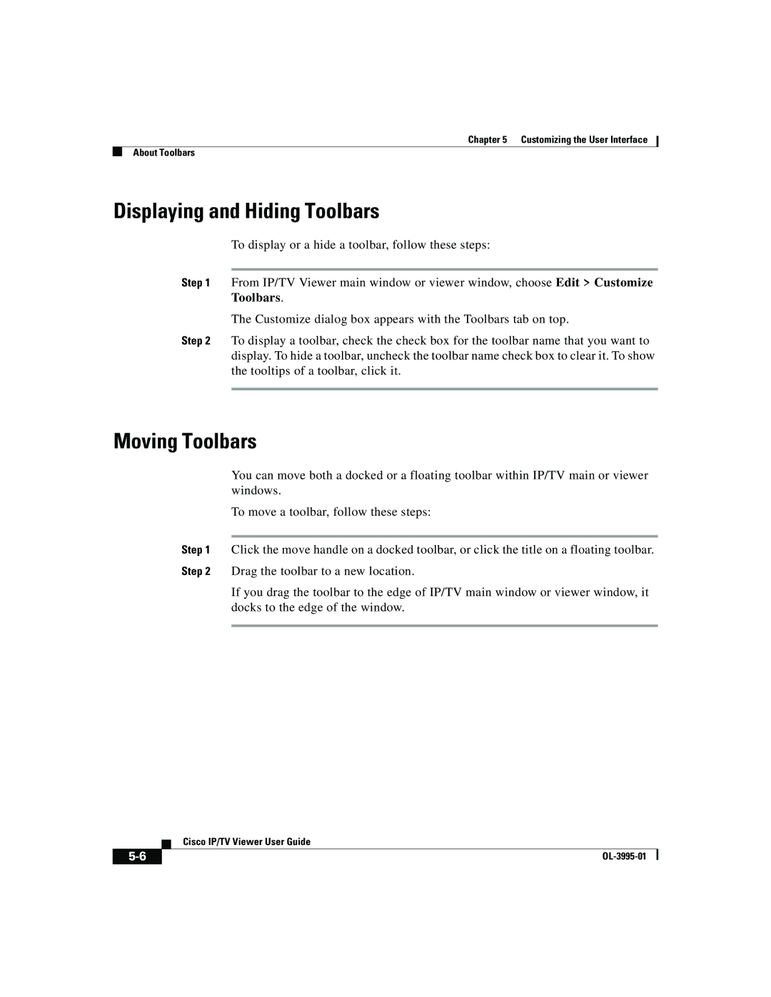 Cisco Systems OL-3995-01 manual Displaying and Hiding Toolbars, Moving Toolbars 