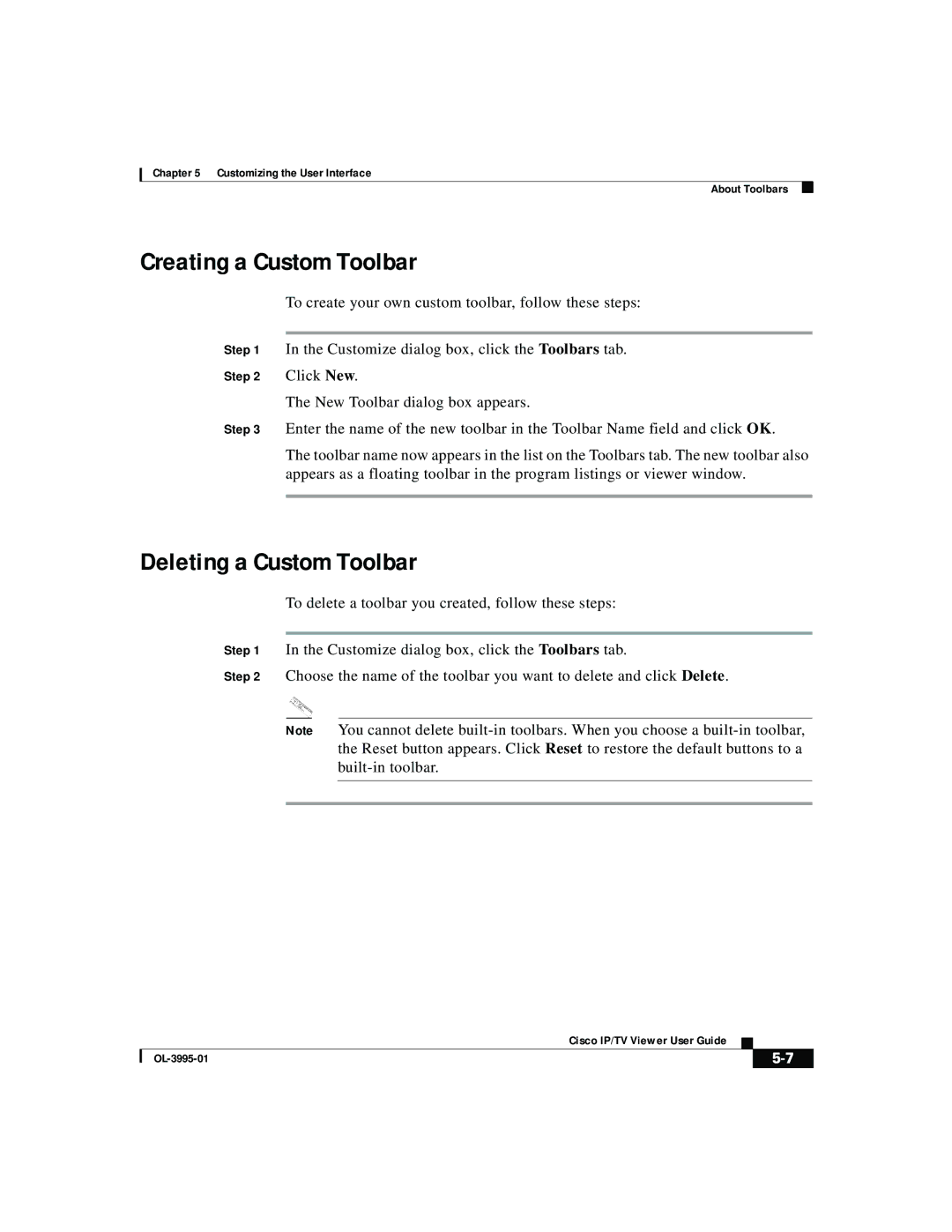 Cisco Systems OL-3995-01 manual Creating a Custom Toolbar, Deleting a Custom Toolbar 