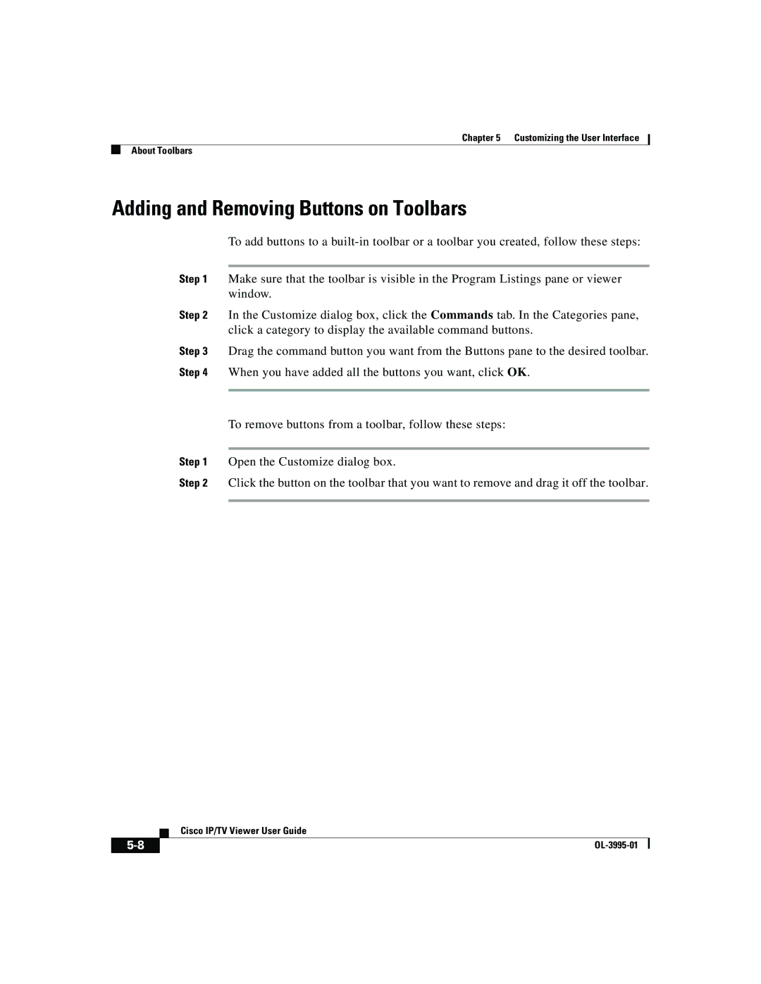 Cisco Systems OL-3995-01 manual Adding and Removing Buttons on Toolbars 