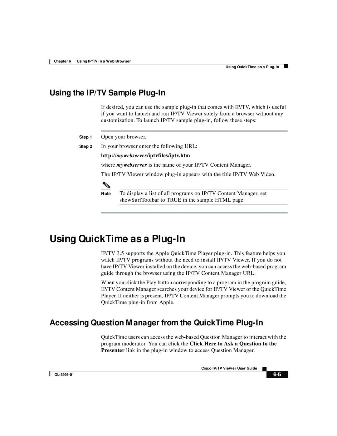 Cisco Systems OL-3995-01 manual Using QuickTime as a Plug-In, Using the IP/TV Sample Plug-In 