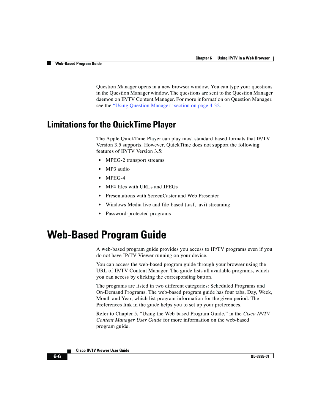 Cisco Systems OL-3995-01 manual Web-Based Program Guide, Limitations for the QuickTime Player 