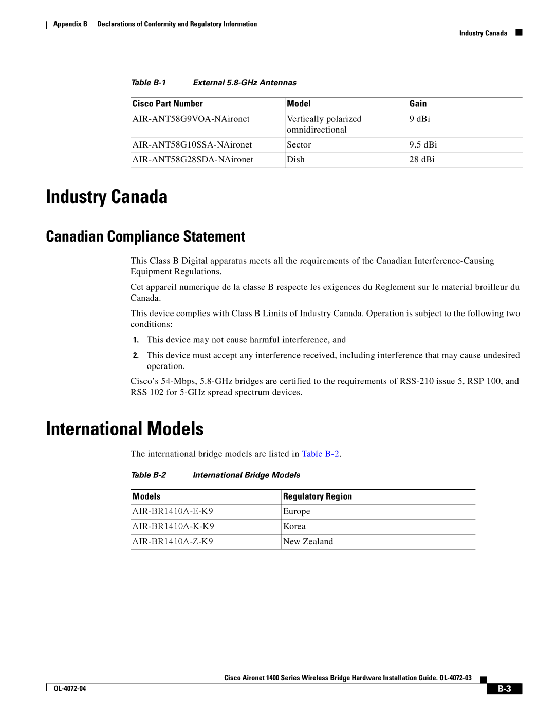 Cisco Systems OL-4072-04 appendix Industry Canada, International Models, Canadian Compliance Statement 