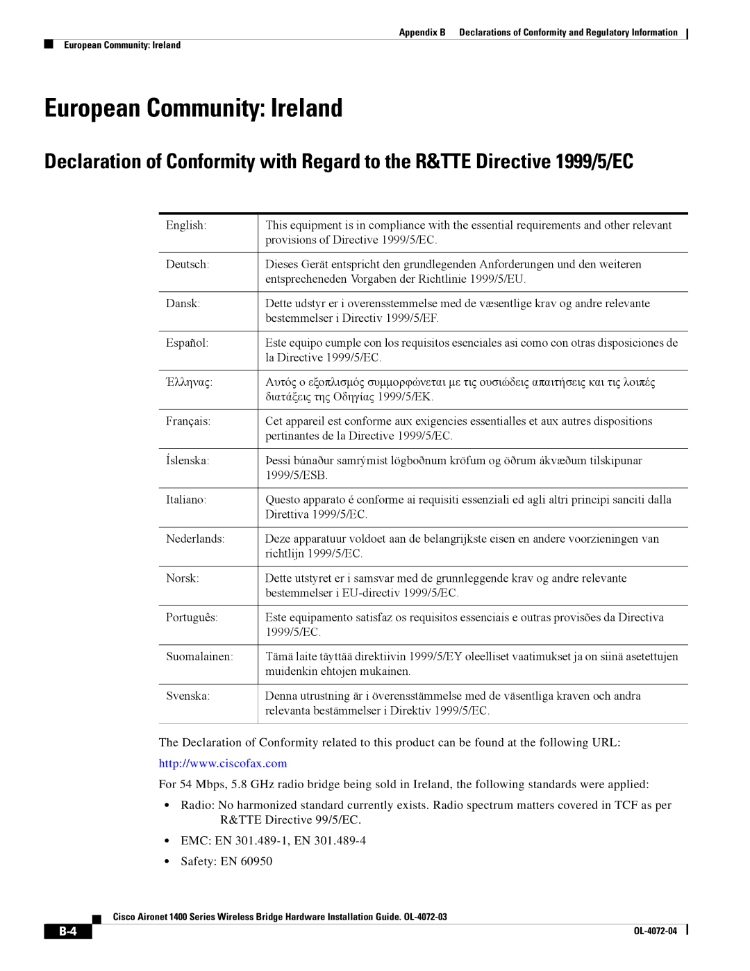 Cisco Systems OL-4072-04 appendix European Community Ireland 