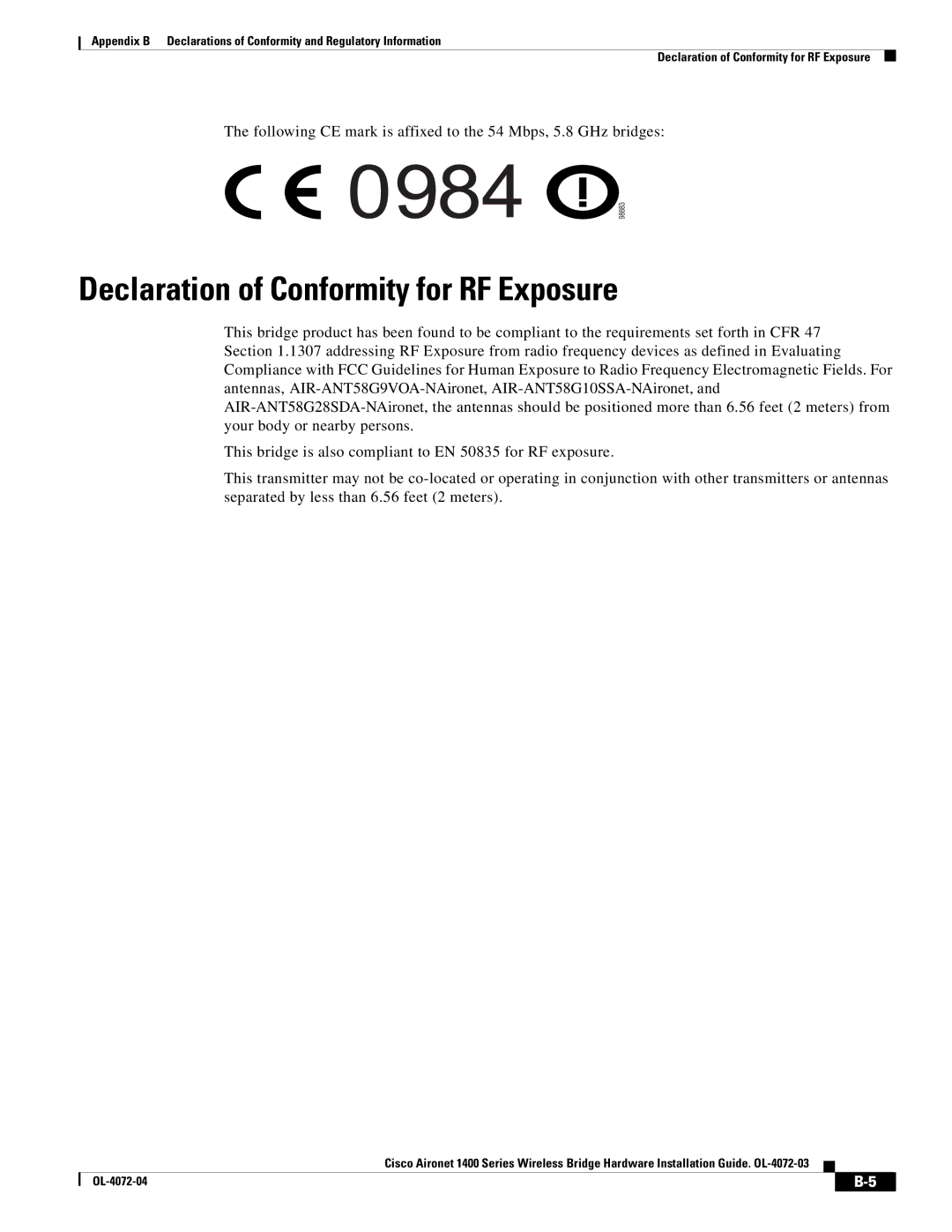 Cisco Systems OL-4072-04 appendix Declaration of Conformity for RF Exposure 